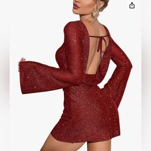 Women's Sparkly Backless Tie Mini Dress Long Sleeve Glitter dress